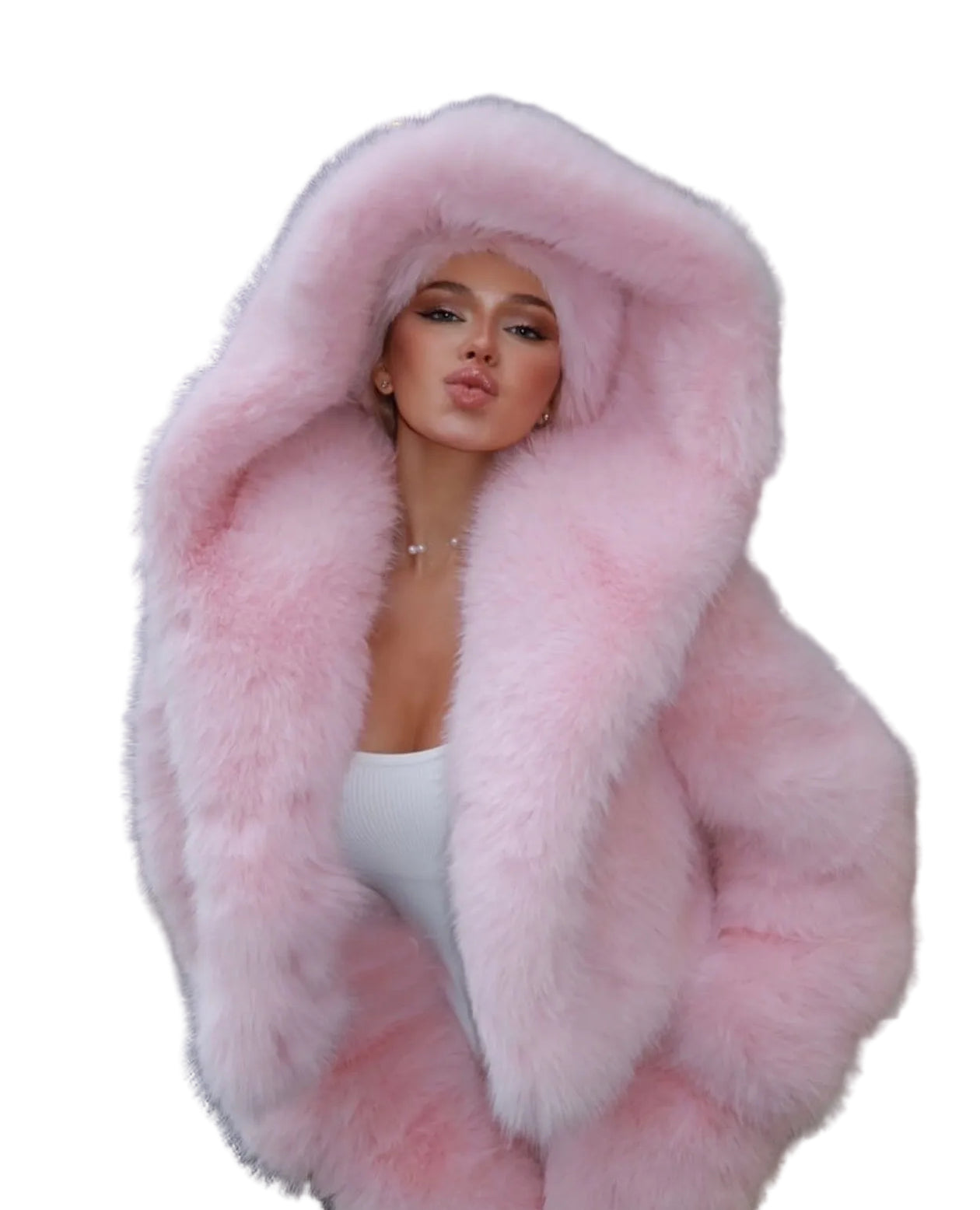 Women Winter Pink Furry Hooded Coat Two-Piece Set