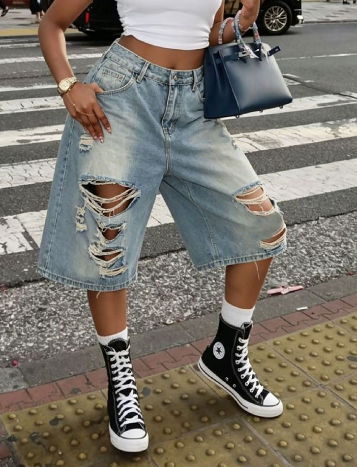 Women Ripped Washed Denim Bermuda Shorts