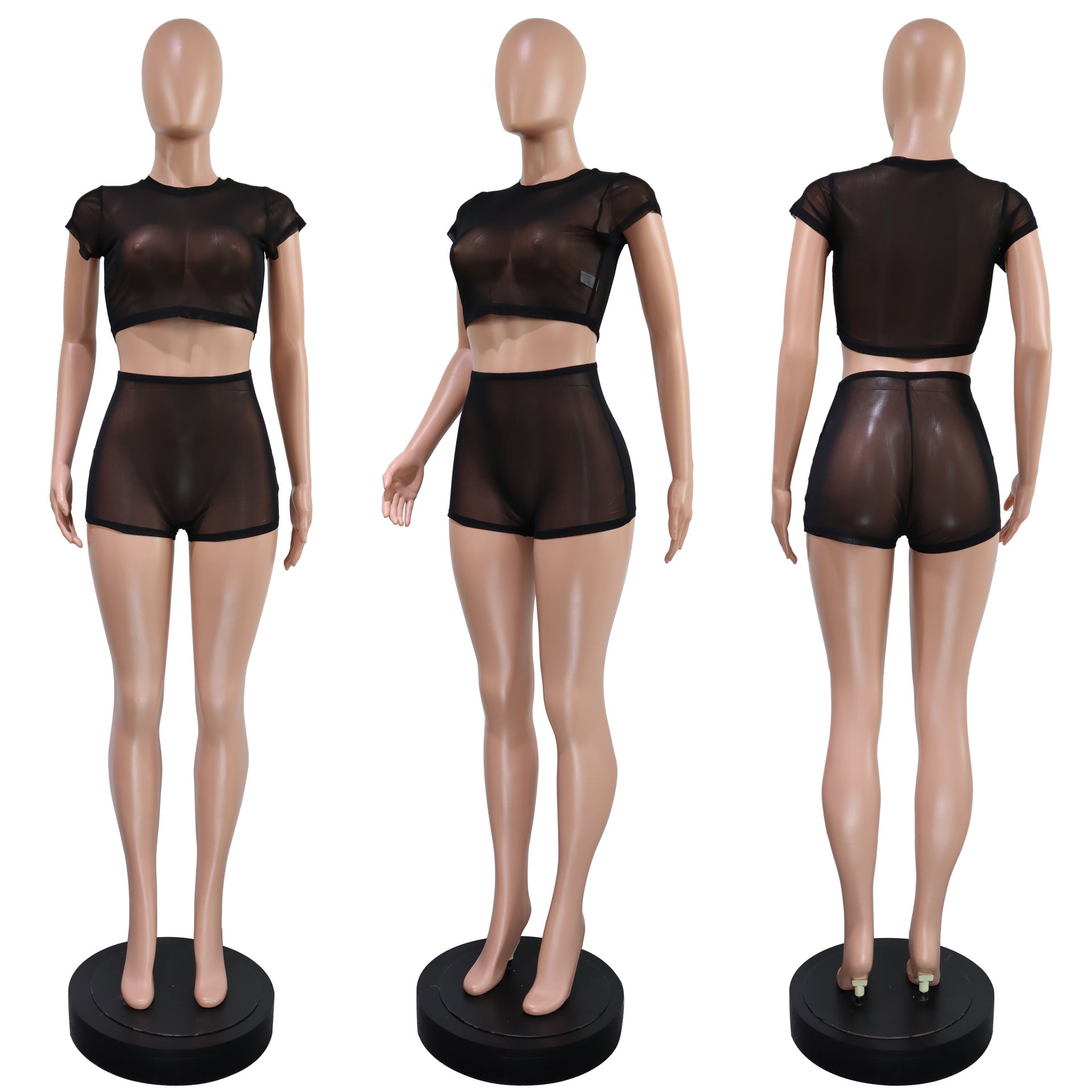 Women's Solid Short Sleeve Hollow Out Slim Fit Mesh Two-Piece Shorts Set