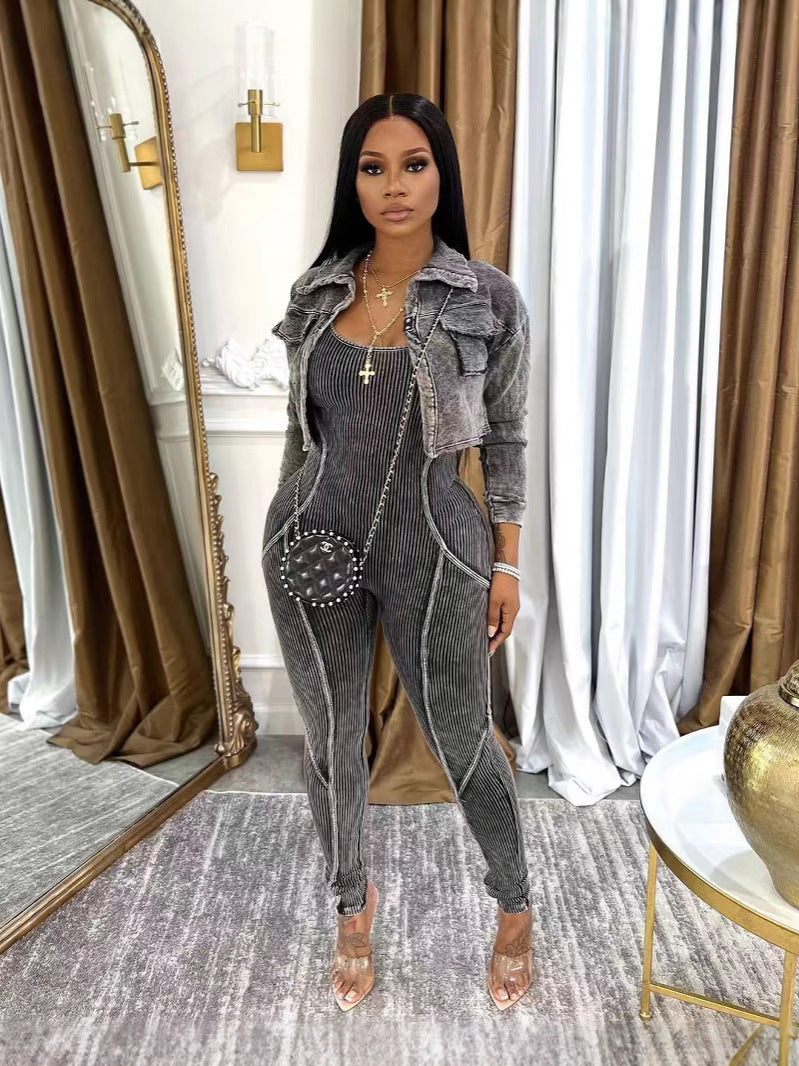 Fashion Women'S Solid Color Tight Slim Jumpsuit Coat Casual Two-Piece Set
