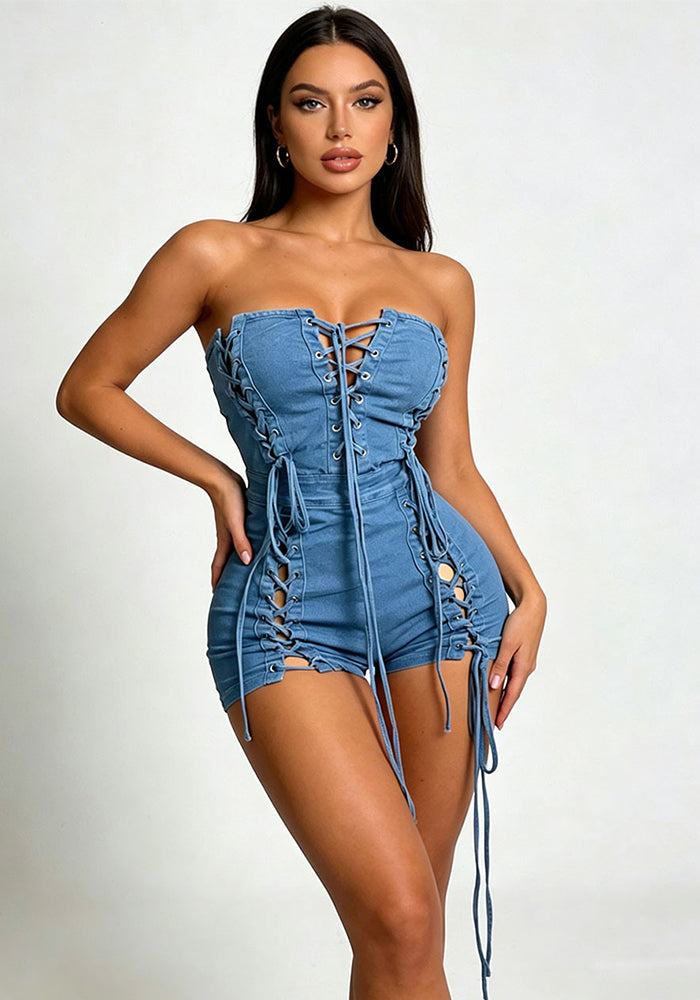Women Summer Strapless Lace-up Tie Detail Denim Jumpsuit - Infinite Luxe