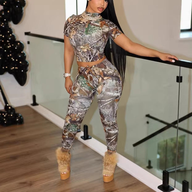 Women Sexy Leaf Print High Neck Short-Sleeve Top and Pants Two-Piece Set
