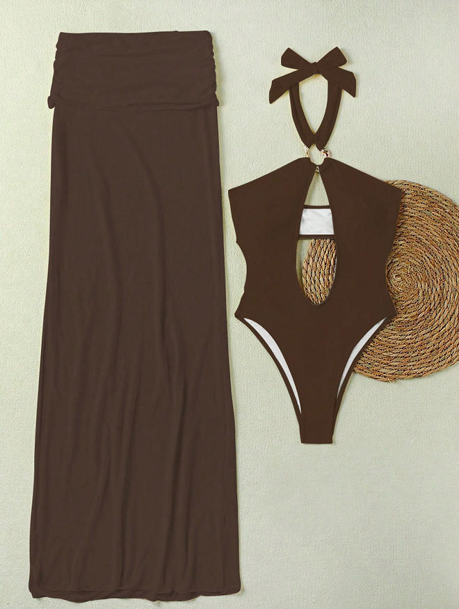 Women's Solid Sexy Hollow Halter Neck One-Piece Swimsuit Skirt Two-Piece Set