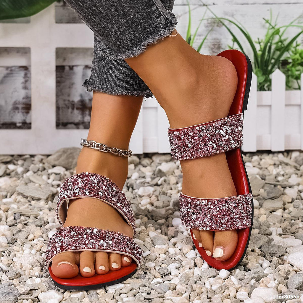 Plus Size Women Summer Rhinestone Casual Beach Slides