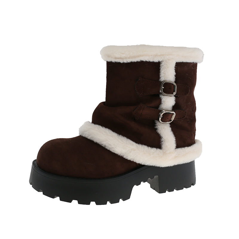 Women's Brown Suede Snow Boots Paired With White Fluffy Thick-soled Martin-style Short Boots, Comfortable Winter Ankle Boots