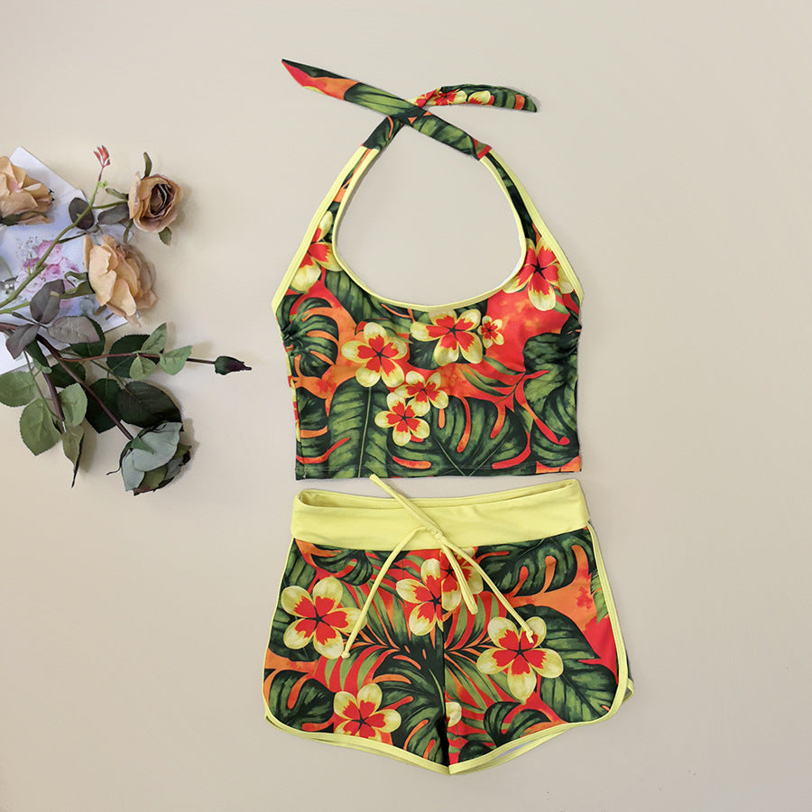 Women Summer Tropical Leaf Printed High Waist Square Leg Swimsuit