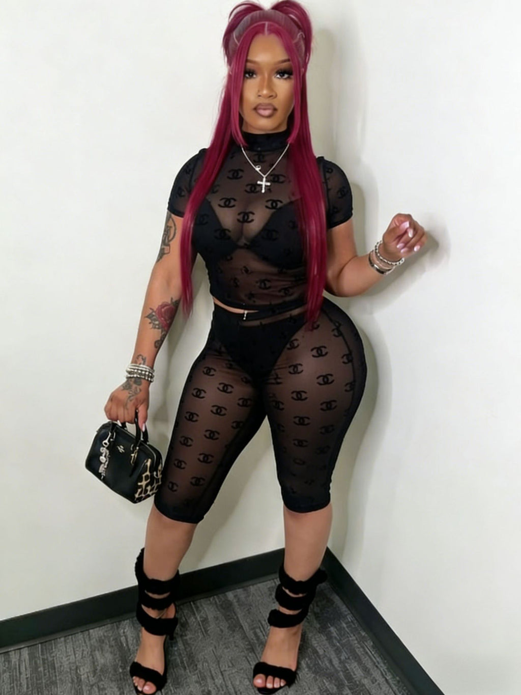 Women's Sexy Flocked Sheer Mesh Two-Piece Fashion Shorts Set