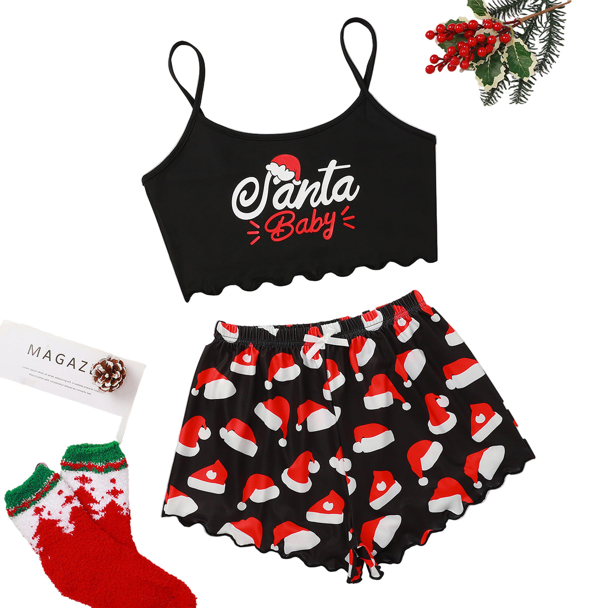Women's Christmas Pajama Set - Sleeveless Shorts Silk Homewear