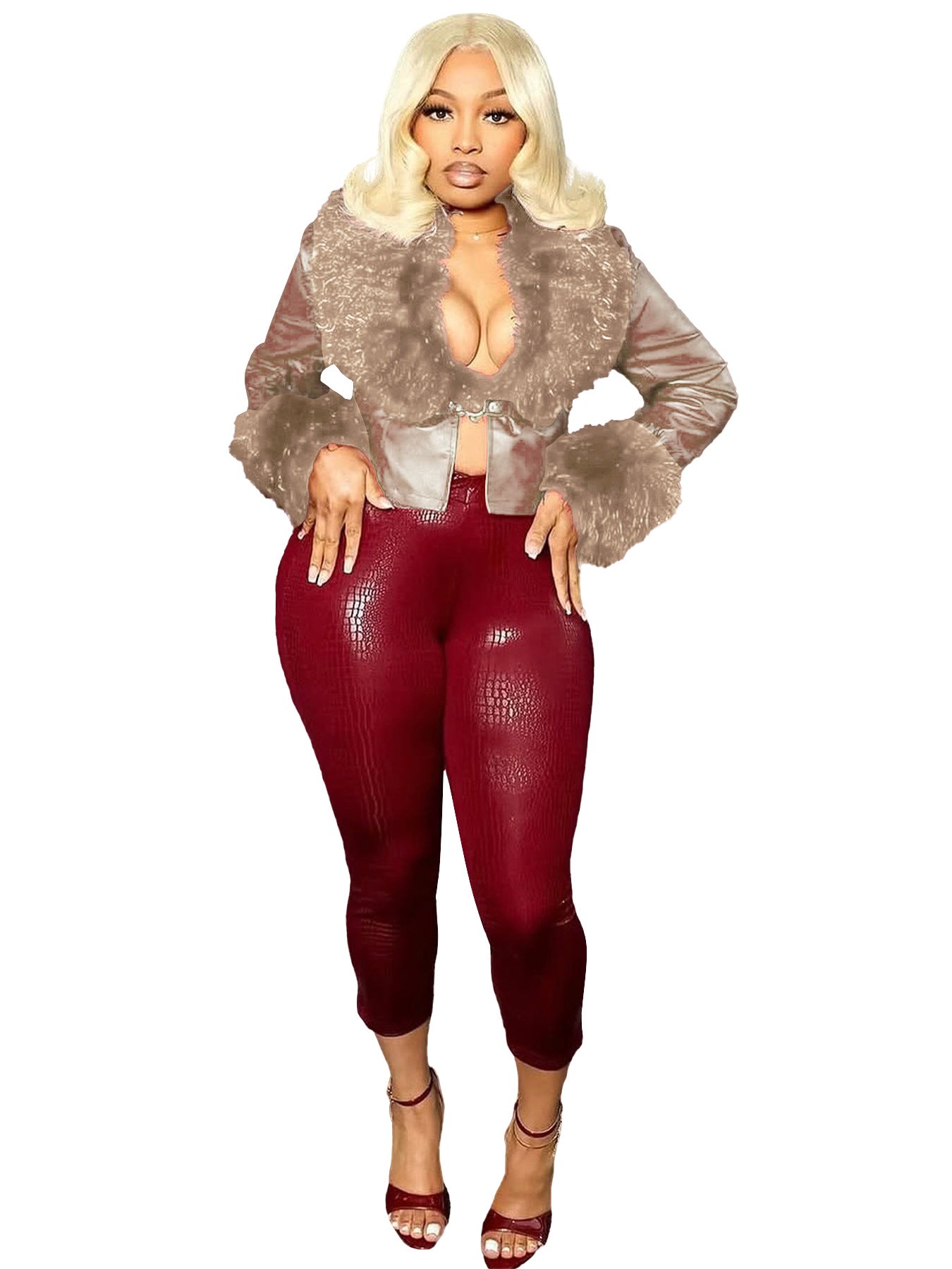 Women Furry V-Neck Button-Up Pu-Leather Jacket Top