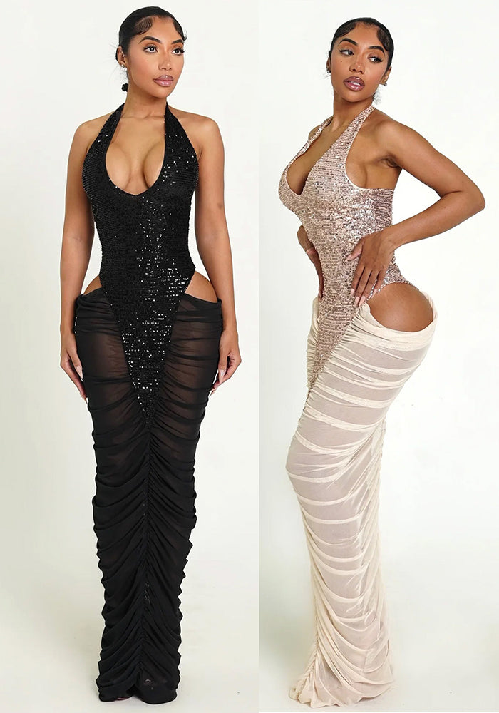 Sexy Elegant High Split Mesh Patchwork Ruched Sequin Lace-Up Halter Neck Evening Dress - Infinite Luxe