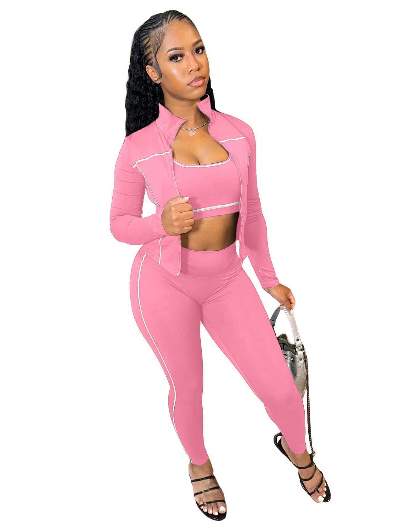 Women Zippered Thumb-Sleeve Long-Sleeved Top And Pants Three-Piece Set