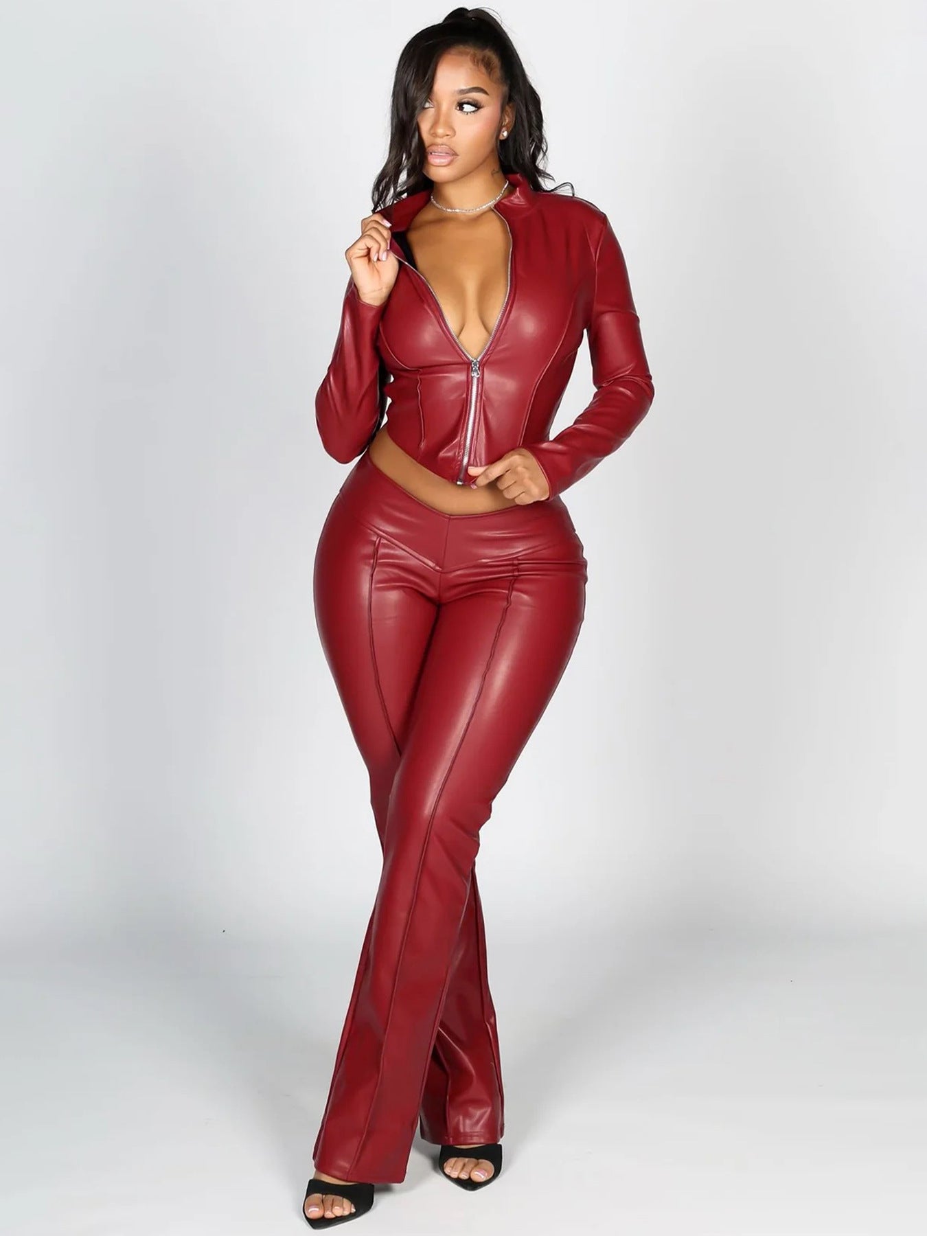 Women'S Fashion Slim Fit Zipper Stretch Leather Casual Flared Pants Set