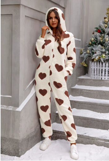 Polyester Women's Autumn And Winter Plush Heart Printing One-piece Pajamas