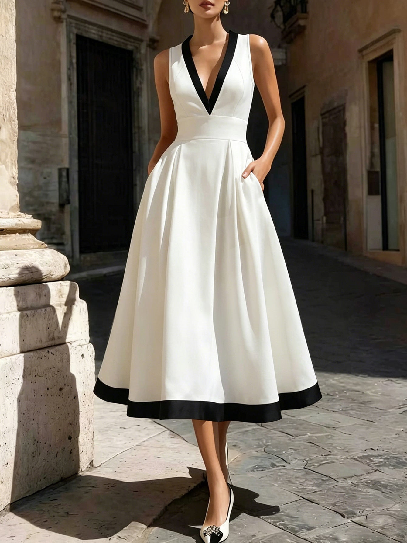 Summer Women's Color-Block V-Neck Slim Waist Solid Chic Elegant Long Dress