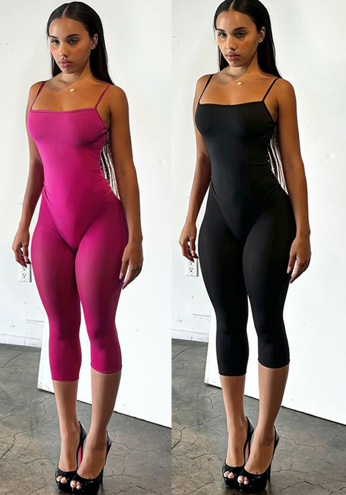 Women Summer Solid Color Patchwork Tight Fitting Seven-point Strap Jumpsuit - Infinite Luxe