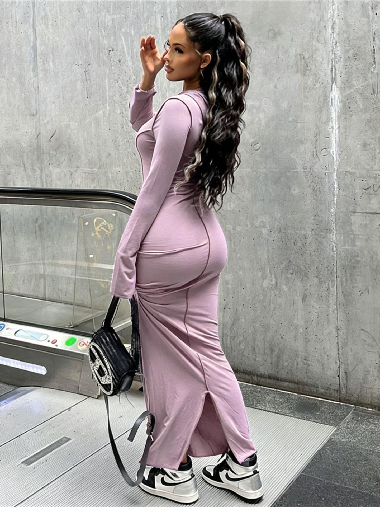 Women Casual Solid Hooded Slit Dress with Cuffs