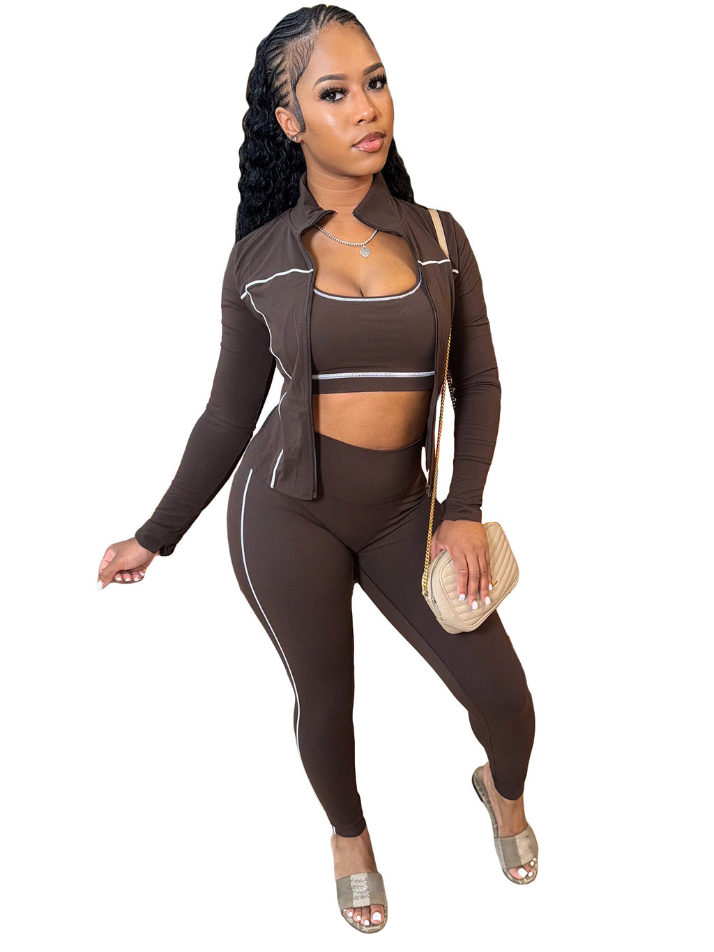 Women Zippered Thumb-Sleeve Long-Sleeved Top And Pants Three-Piece Set