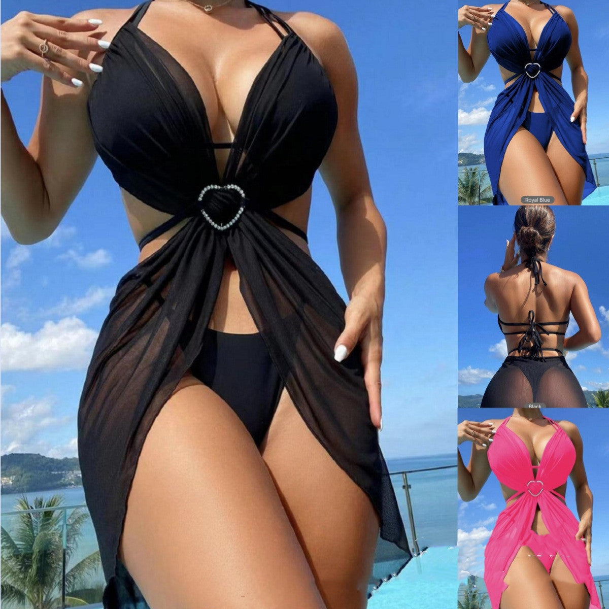 Women's 3-Piece Halter Neck Bikini Set - Solid Color Split Swimsuit