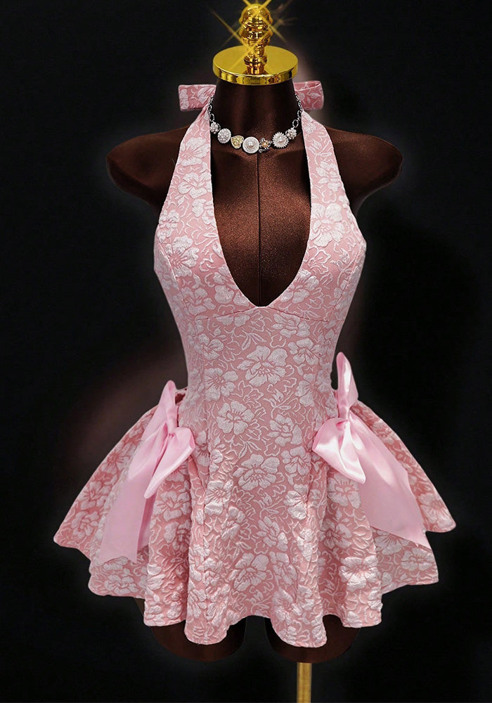 Women Sexy Sleeveless Halter Neck Jacquard V Neck Dress - Infinite Luxe