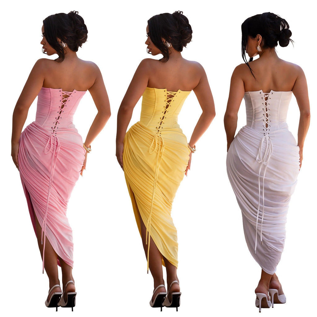 Women Sexy Off-Shoulder Strapless Pleated Bodycon Dress