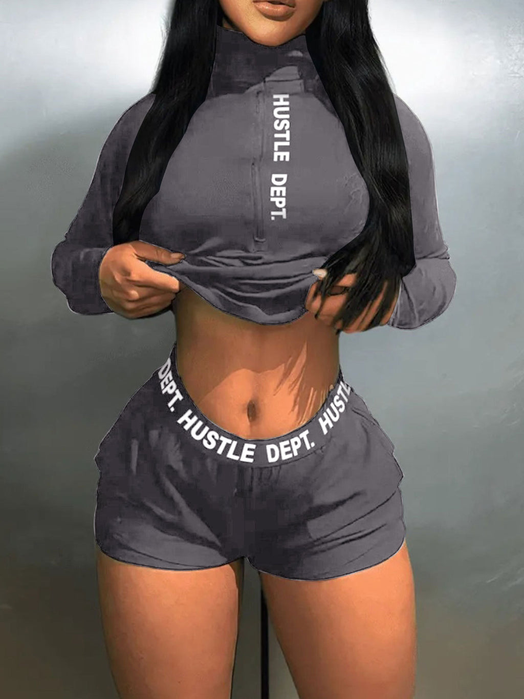 Women Stand Collar Long Sleeve Top And Shorts Two-Piece Set