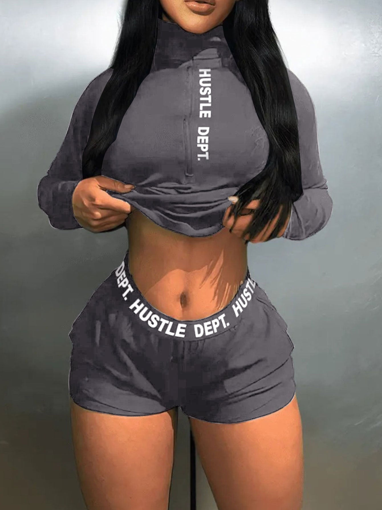 Women Stand Collar Long Sleeve Top And Shorts Two-Piece Set