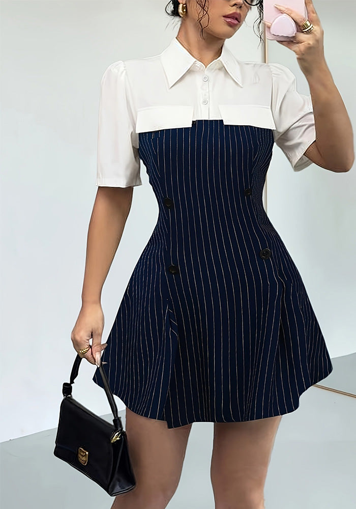 Spring Summer Women Striped Patchwork Slim Waist A-Line Shirt Dress