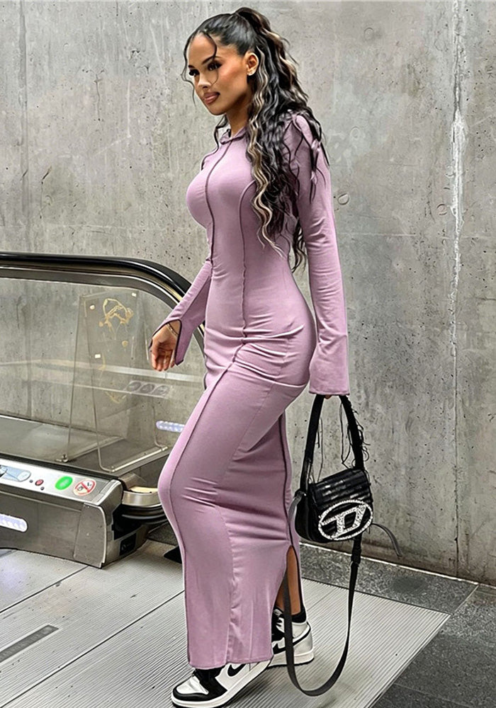 Women Casual Solid Hooded Slit Dress with Cuffs