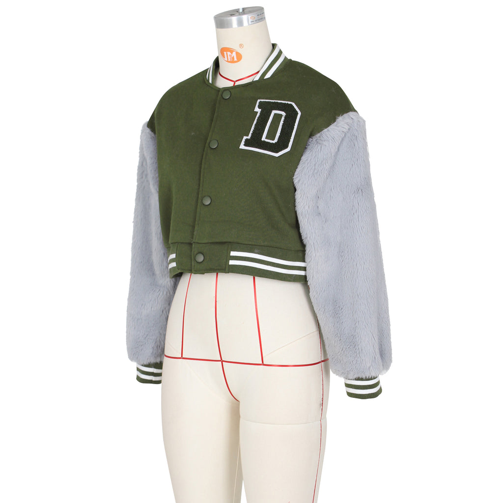 Women's Letter Faux Fur Zip Baseball Jacket