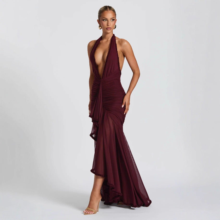 Women Sexy Stretch Suspender Solid V-Neck Dress