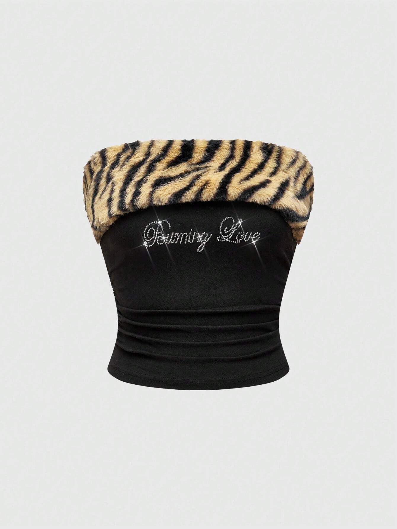 Women Sexy Letter Beaded Leopard Print Crop Top Strapless Tank Top