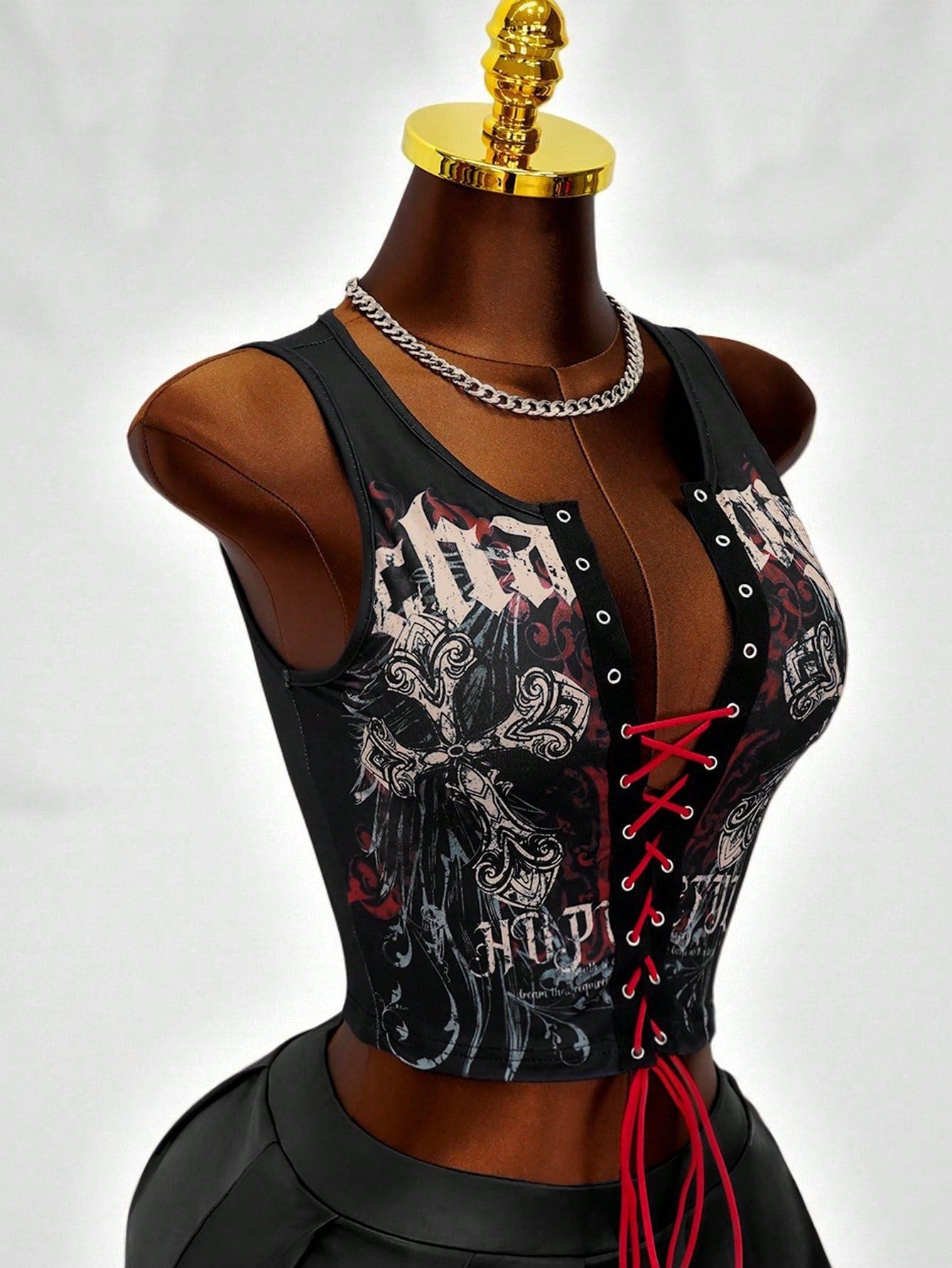 Women Sweet and Sexy Lace-Up Crop Top Printed Vest