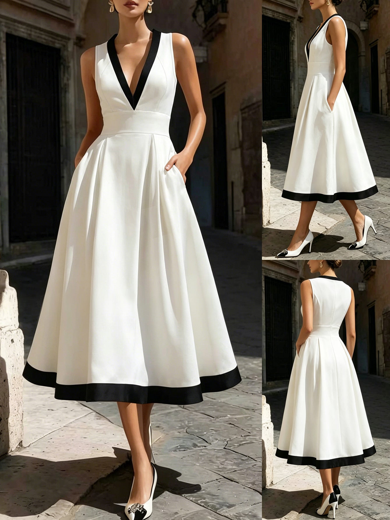 Summer Women's Color-Block V-Neck Slim Waist Solid Chic Elegant Long Dress