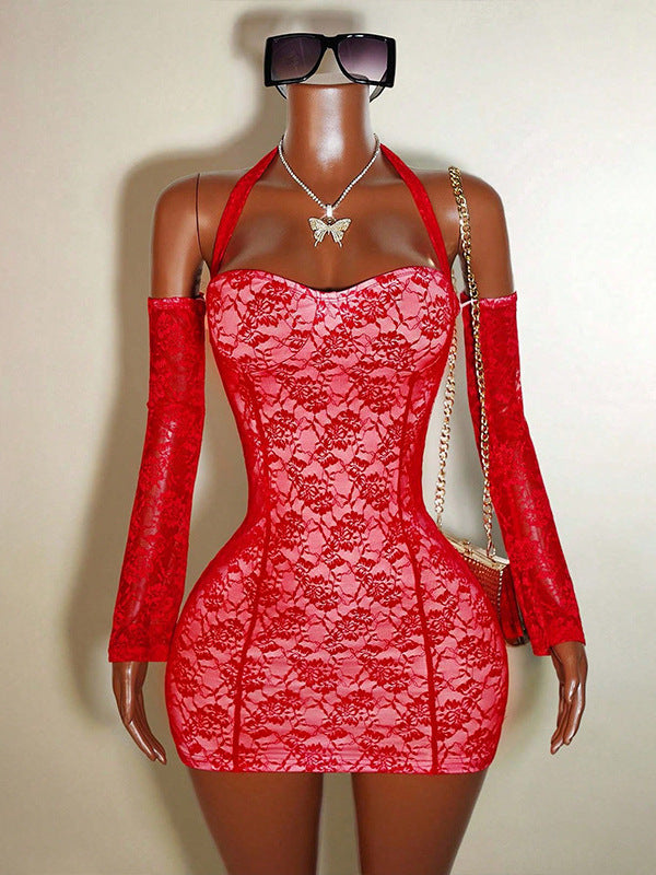 Summer Women Sexy Lace Patchwork Strapless Halter Bodycon Dress