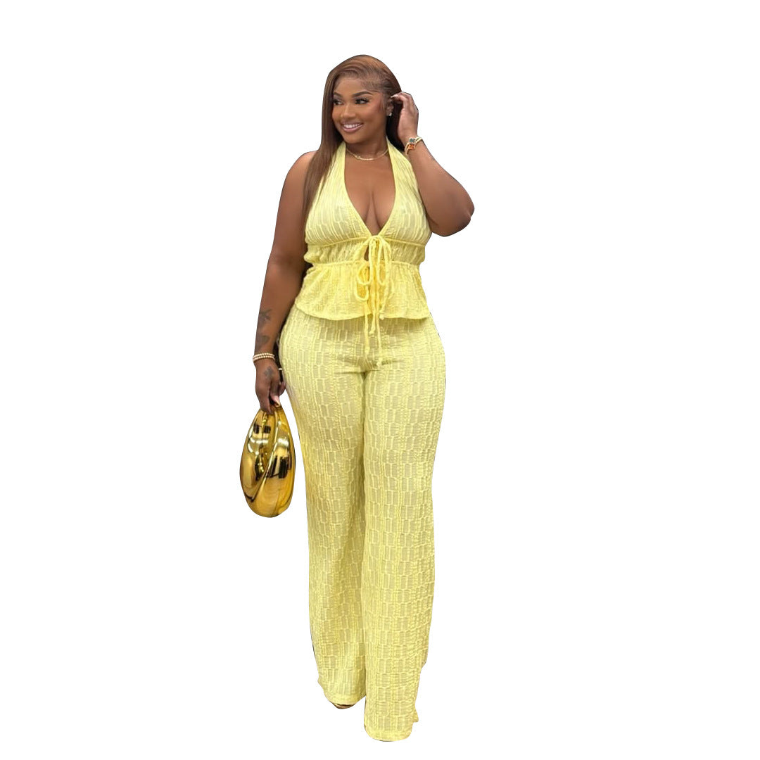 Women Casual Jacquard Sleeveless Slim Fit Pants Set