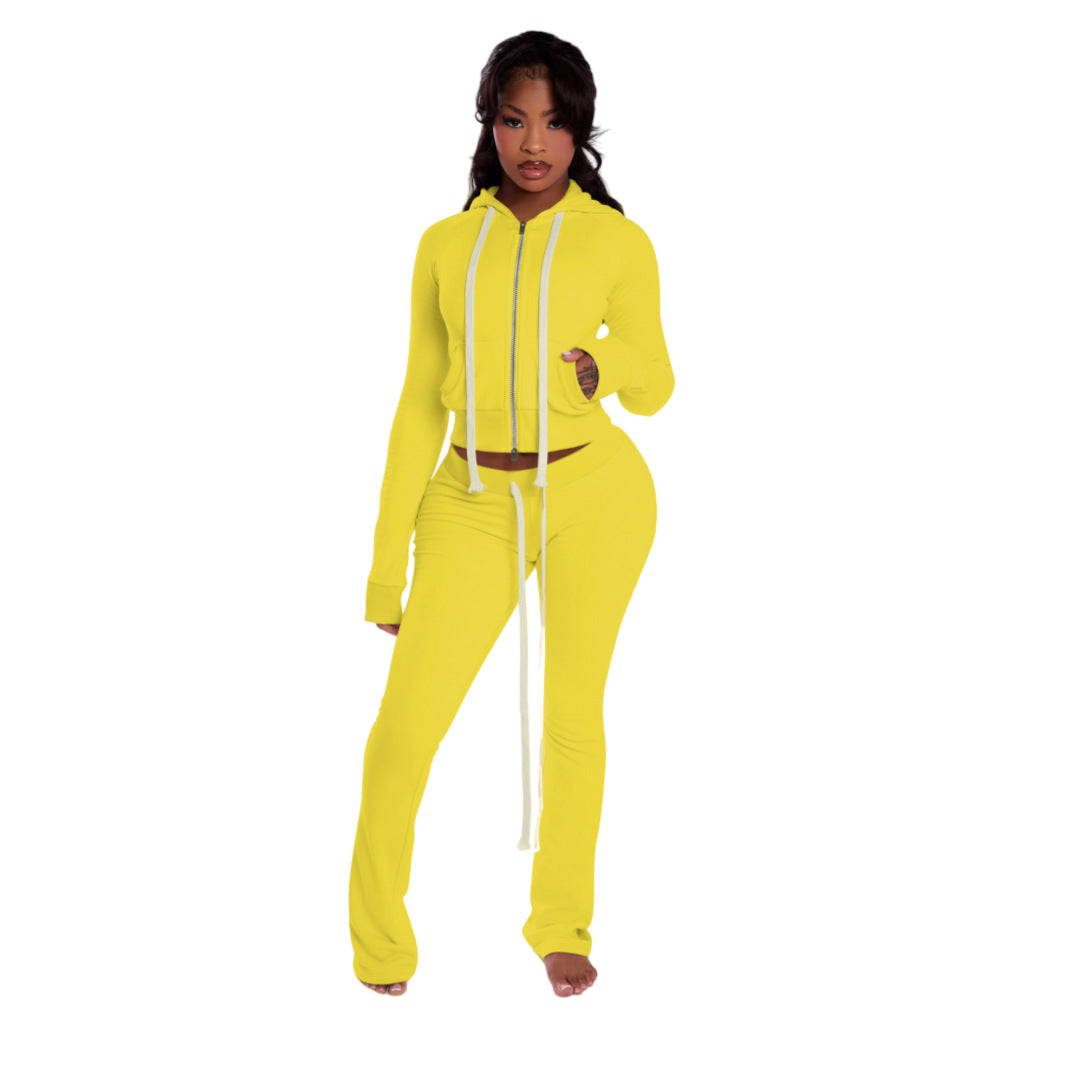 Women Zippered Hooded Top And Pant Two-Piece Set