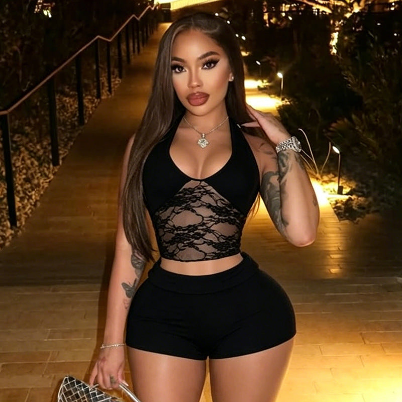 Women Summer Lace Patchwork Halter Neck Lace-Up Low Back Top & Shorts Set