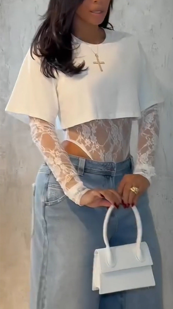 Women Summer Lace Bodysuit and Round Neck Long-Sleeve Top Two-Piece Set