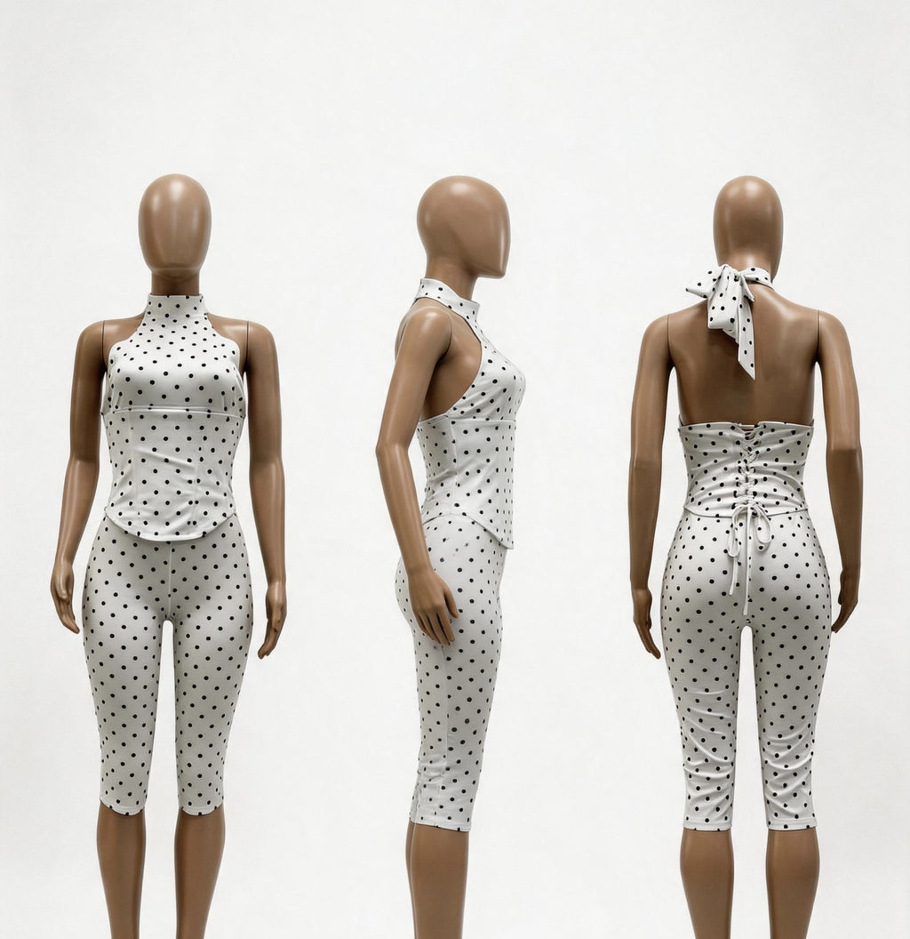 Women Halter Neck Polka Dot Zipper Capri Jumpsuit (Faux Two-Piece)