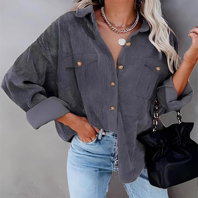 Autumn And Winter New Solid Color Button Corduroy Long Sleeve Loose Coat Women's Clothing