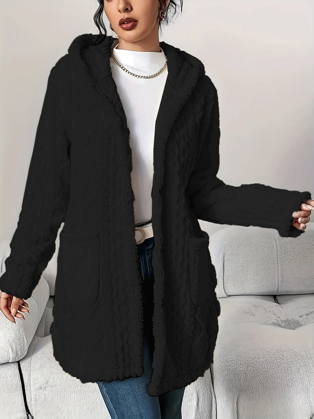 Women Winter Casual Jacquard Plush Hooded Long-Sleeve Jacket