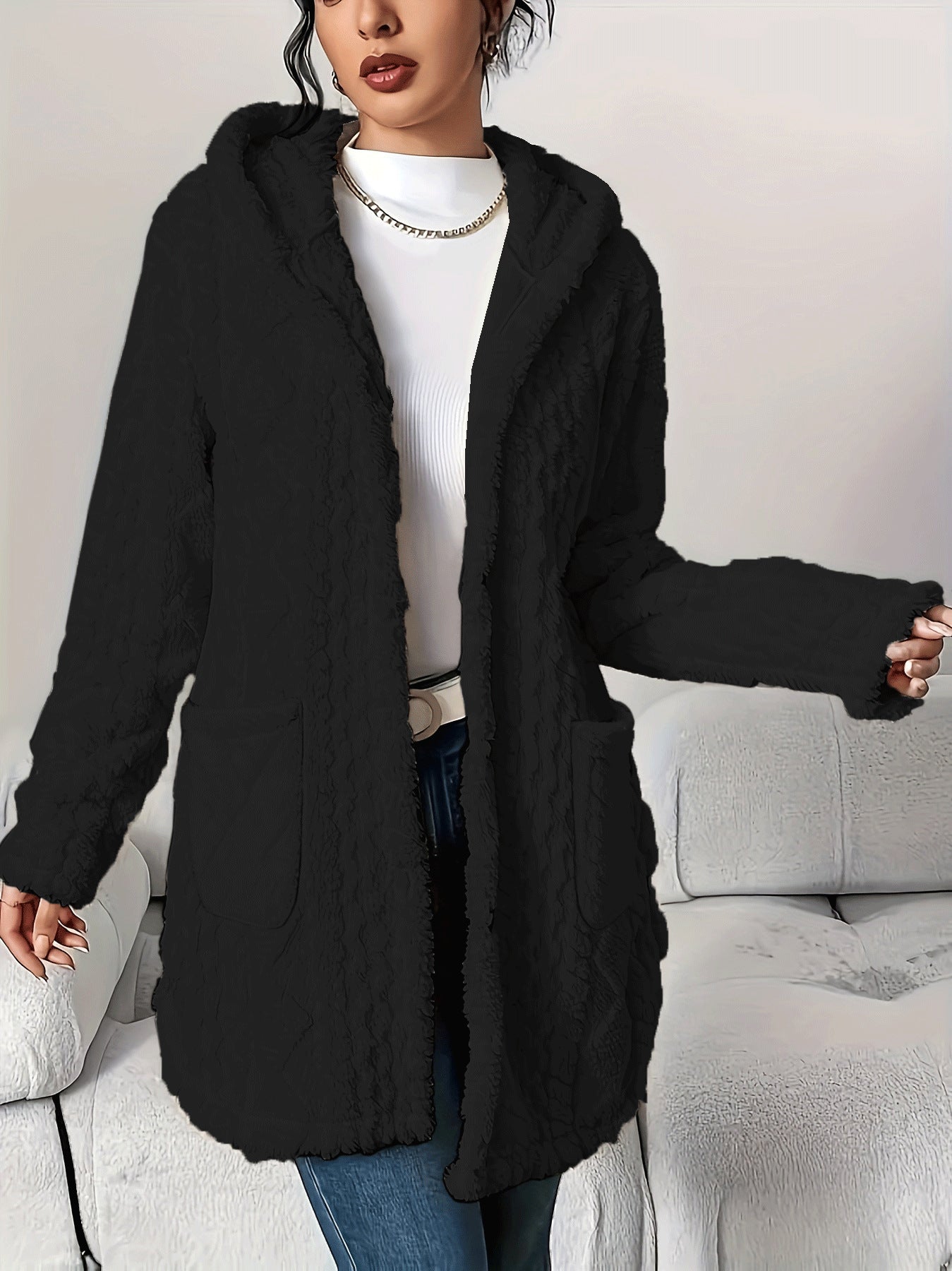 Women Winter Casual Jacquard Plush Hooded Long-Sleeve Jacket