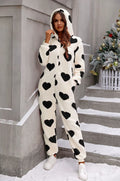 Polyester Women's Autumn And Winter Plush Heart Printing One-piece Pajamas