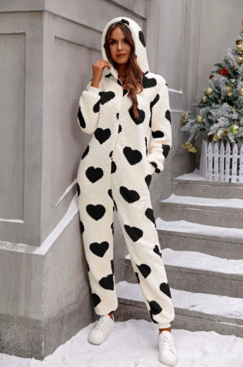 Polyester Women's Autumn And Winter Plush Heart Printing One-piece Pajamas