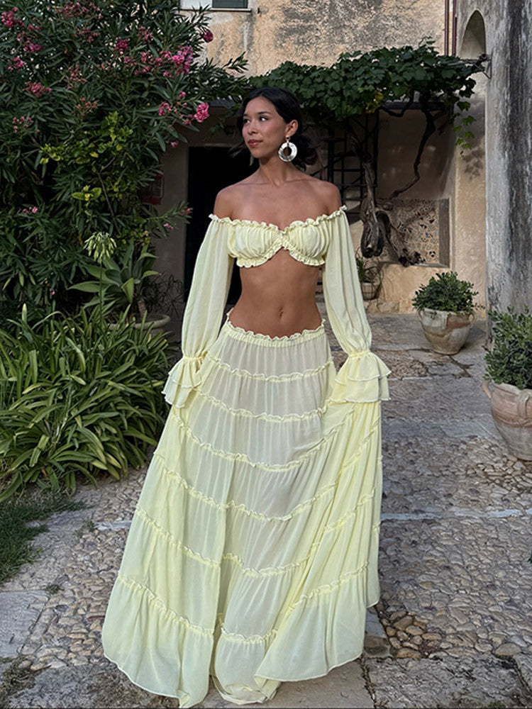 Women Summer Strapless Off Shoulder Top & Cascading Ruffles Long Skirt Suit