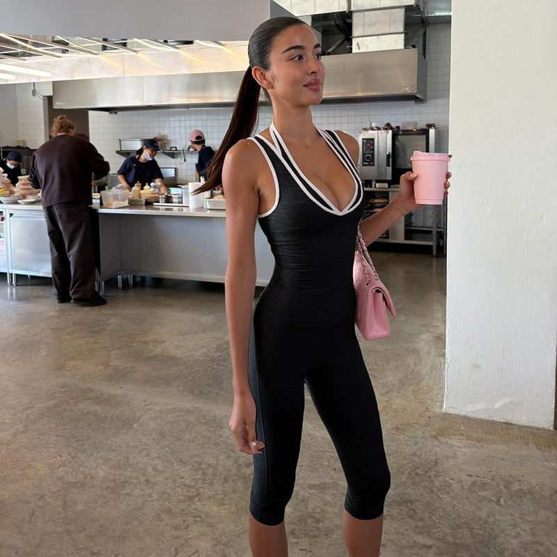 Women Summer Fake Two-piece Sleeveless Vest Knee-Length Shorts Set