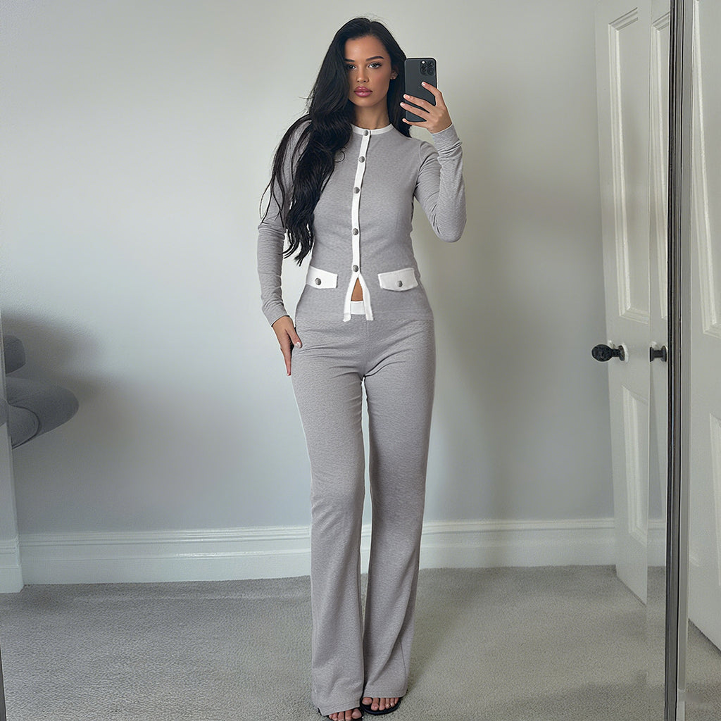 Women's Round Neck Button Contrast Color Suit