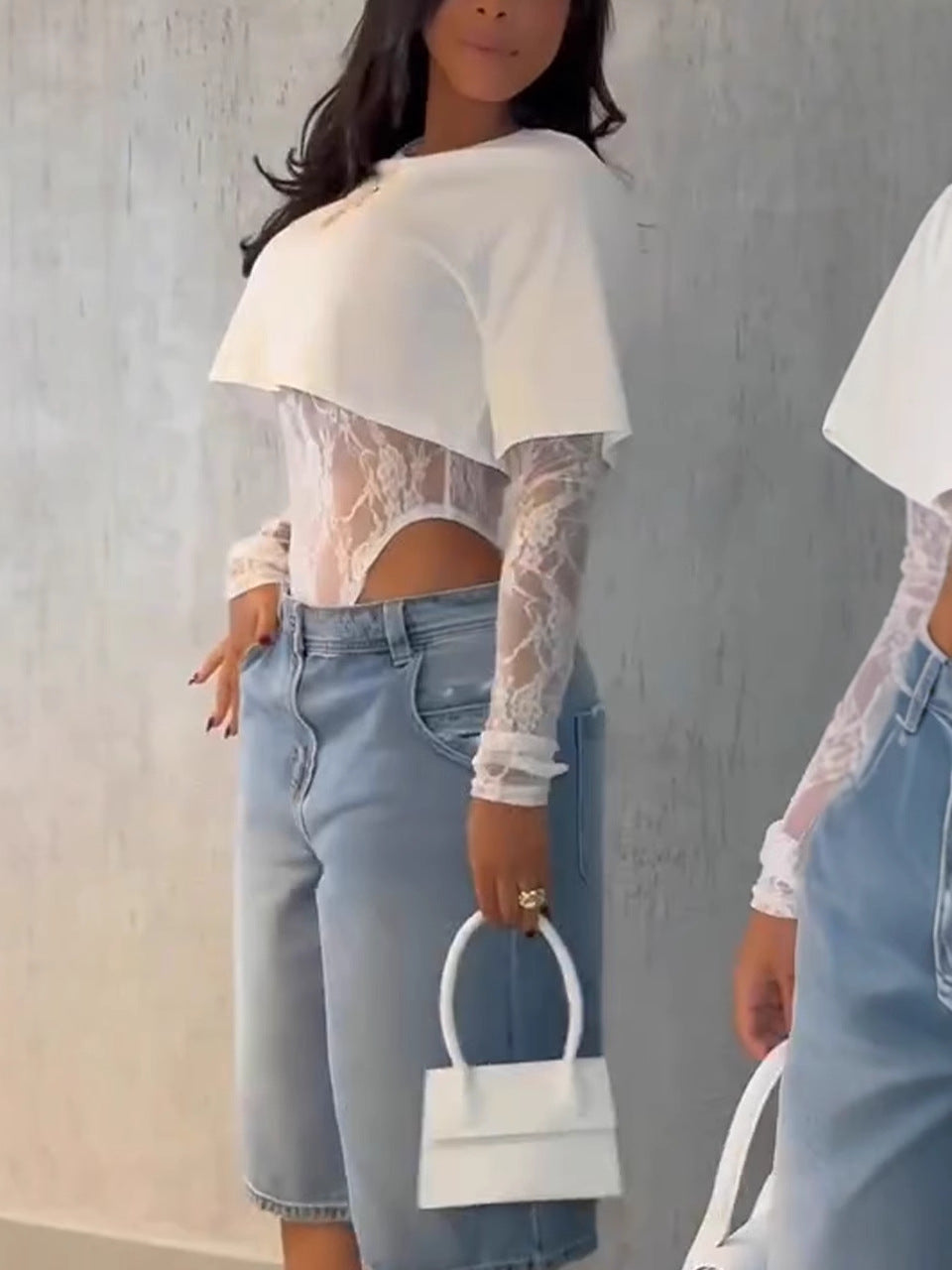 Women Summer Lace Bodysuit and Round Neck Long-Sleeve Top Two-Piece Set