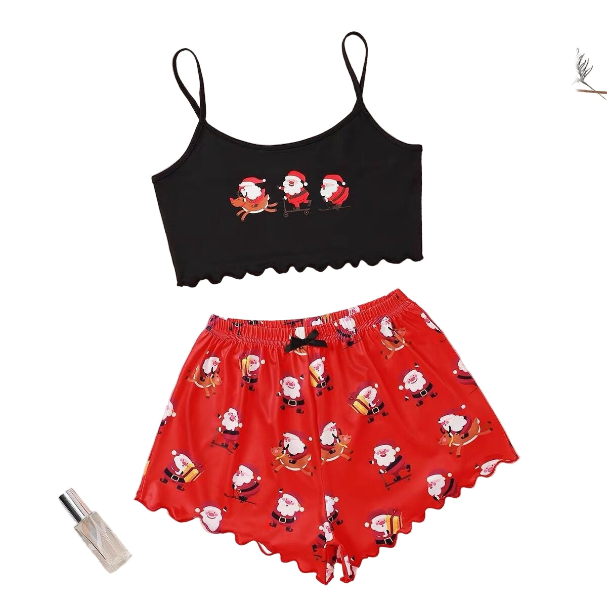 Women's Christmas Pajama Set - Sleeveless Shorts Silk Homewear