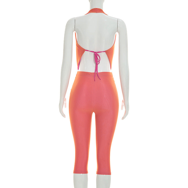 Women Fitted Cowl Neck Halter Neck Low Back Top Tight Fitting Capri Pants Two-Tone Set